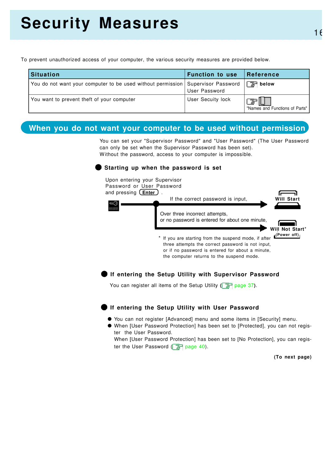Panasonic CF-M34, CF-17 manual Security Measures, Situation Function to use Reference, Starting up when the password is set 