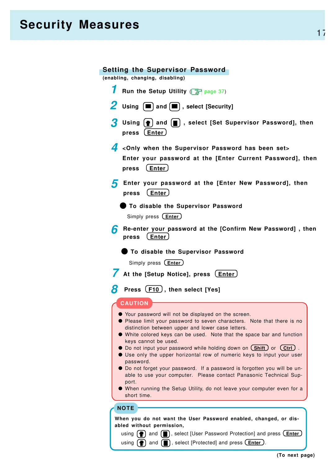 Panasonic CF-17, CF-M34 manual Security Measures, Setting the Supervisor Password 