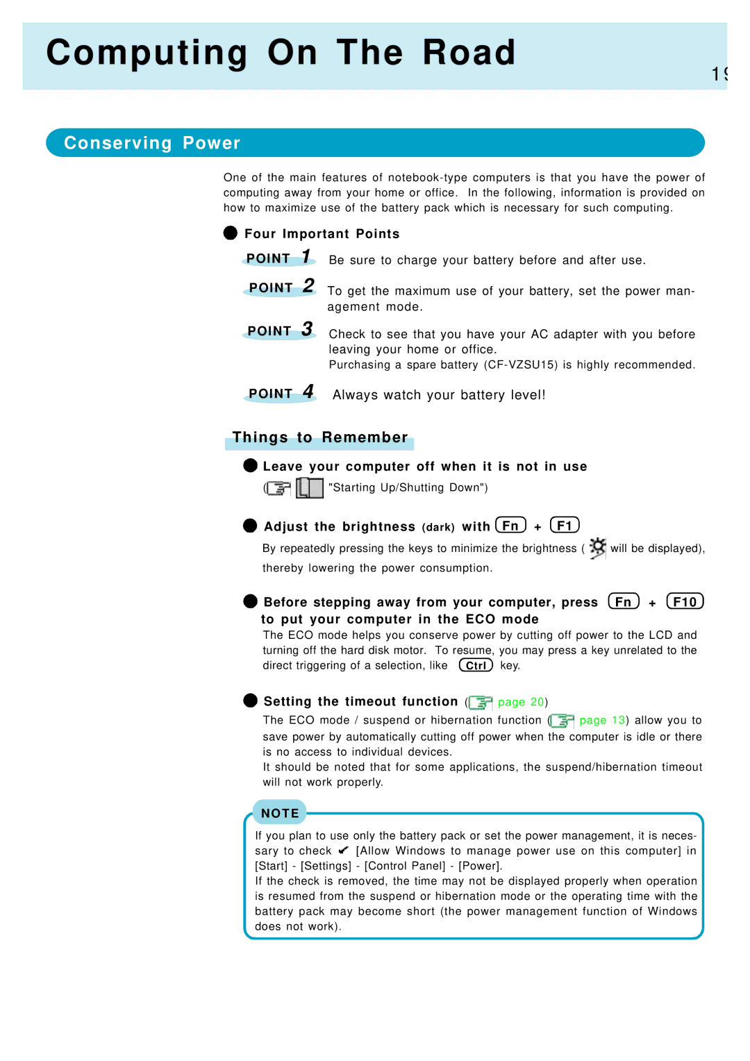 Panasonic CF-17, CF-M34 manual Computing On The Road, Conserving Power, Things to Remember 