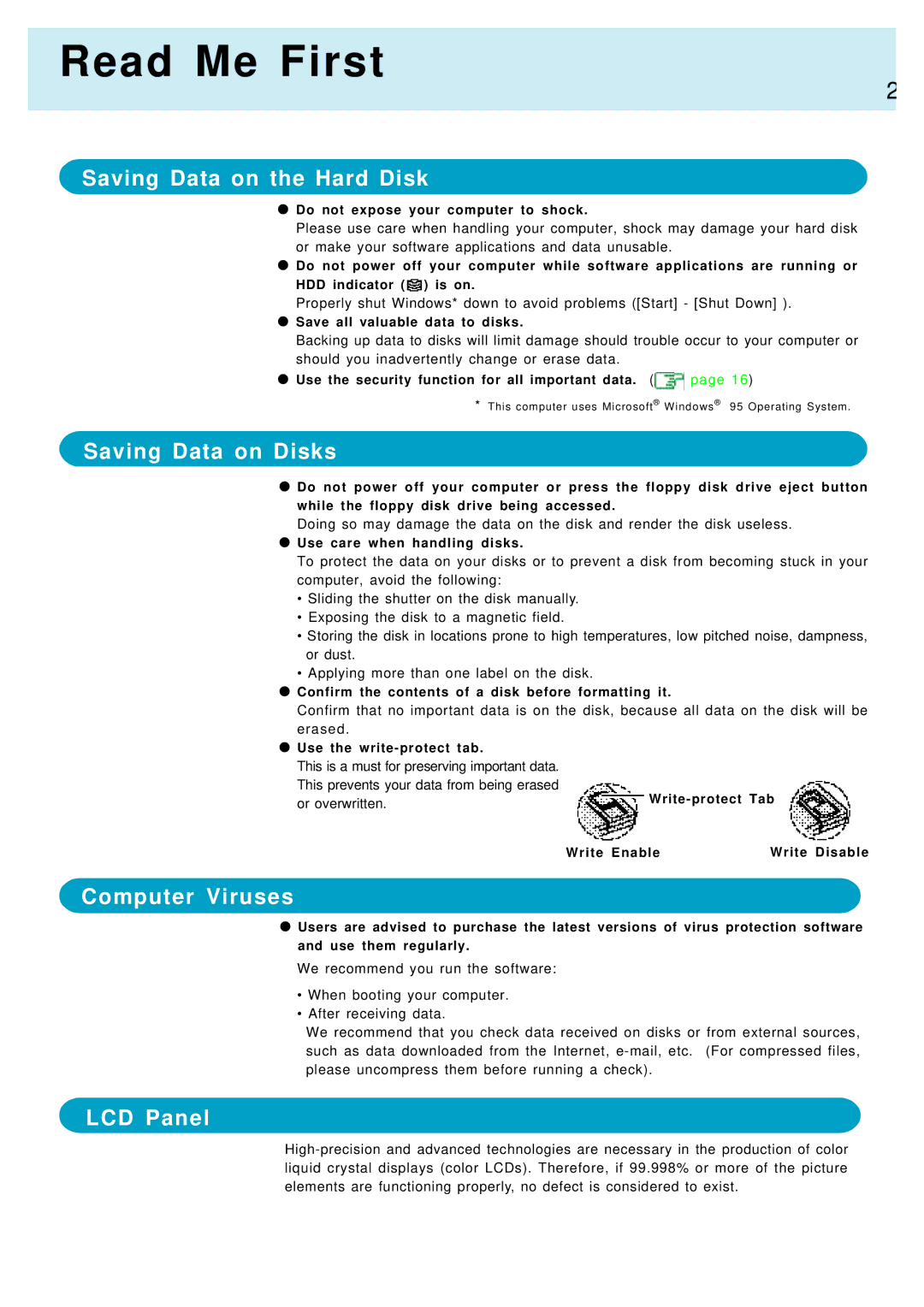 Panasonic CF-M34, CF-17 Read Me First, Saving Data on the Hard Disk, Saving Data on Disks, Computer Viruses, LCD Panel 