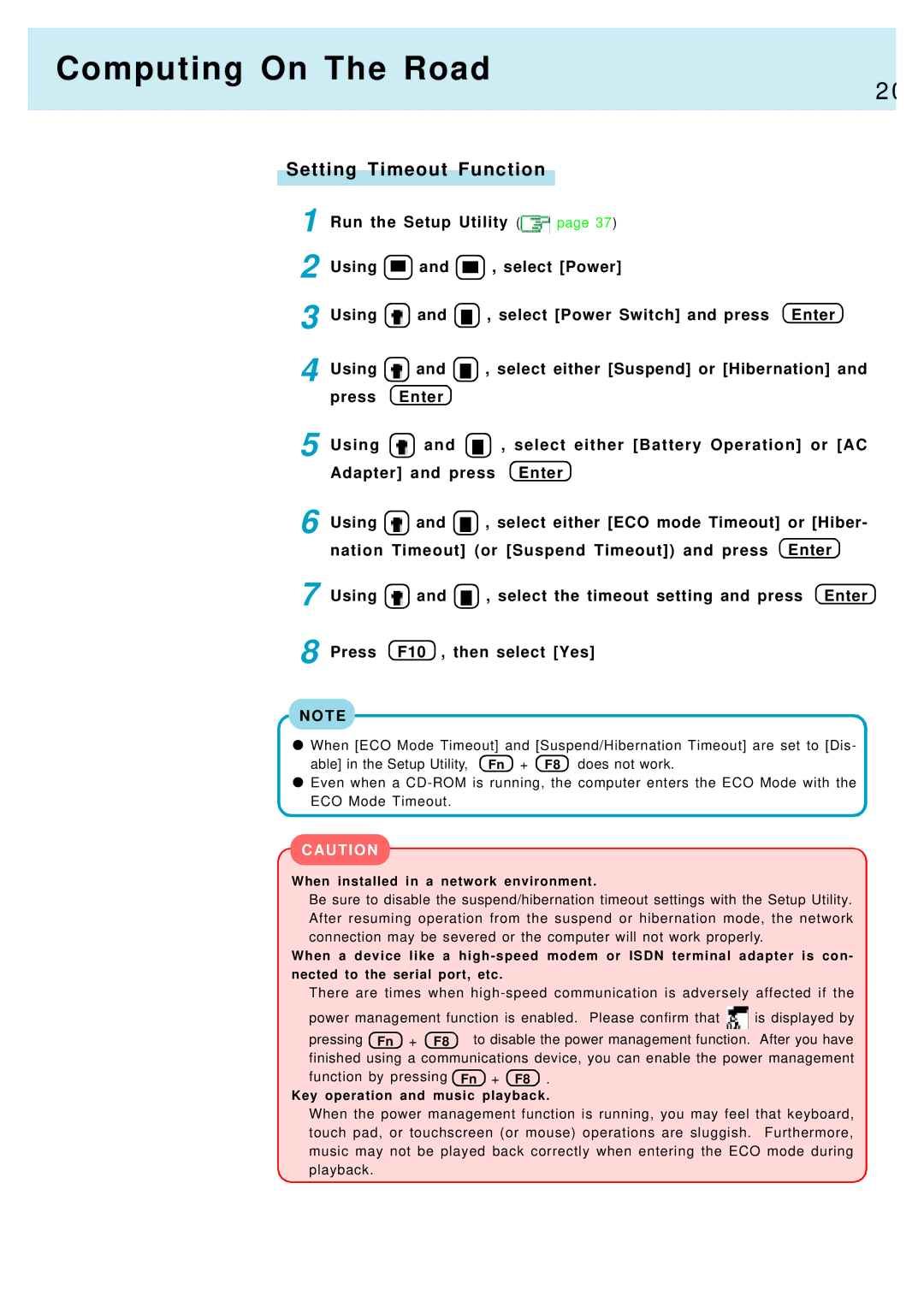 Panasonic CF-M34, CF-17 manual Computing On The Road, Setting Timeout Function 