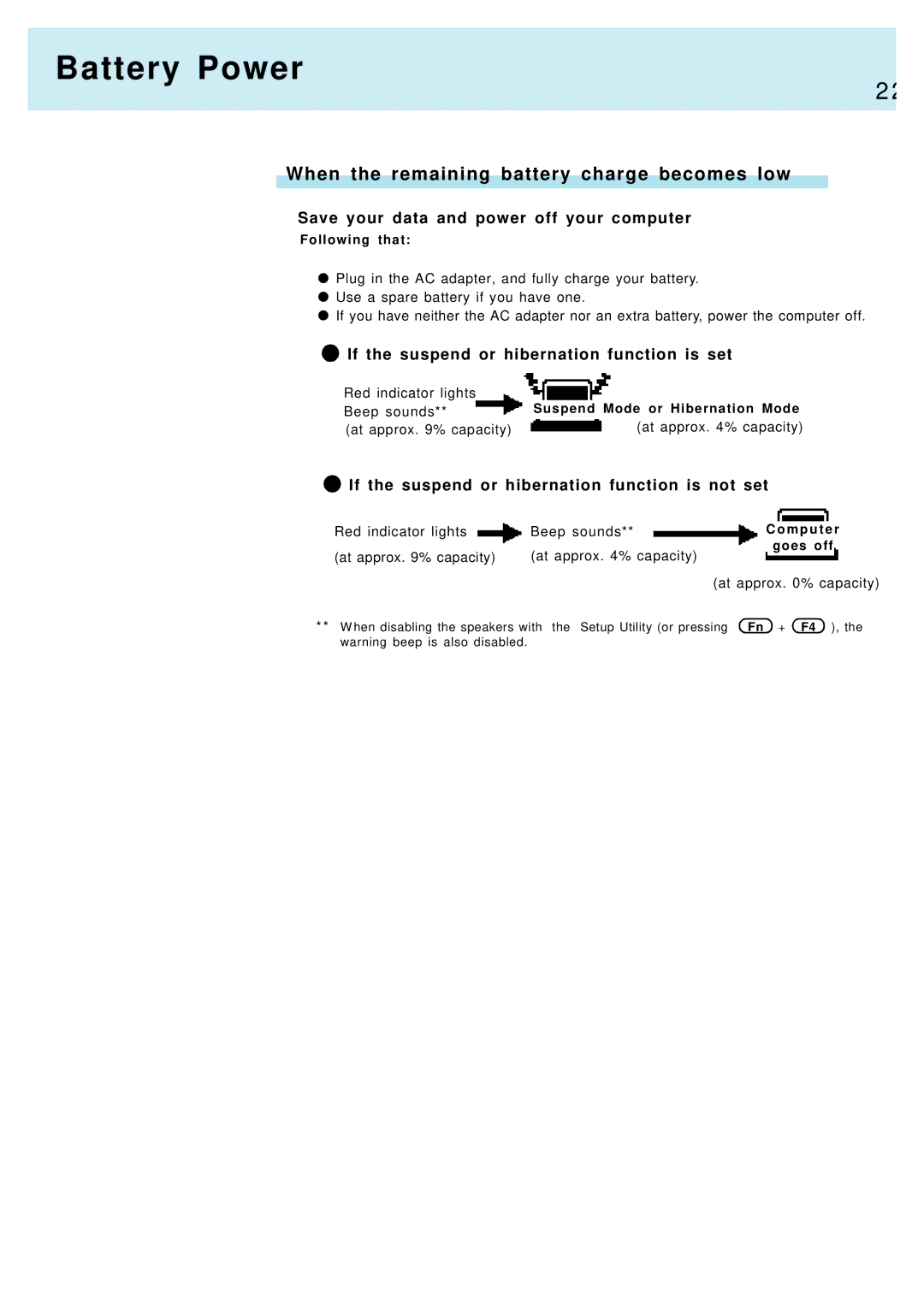 Panasonic CF-M34 Battery Power, When the remaining battery charge becomes low, Save your data and power off your computer 