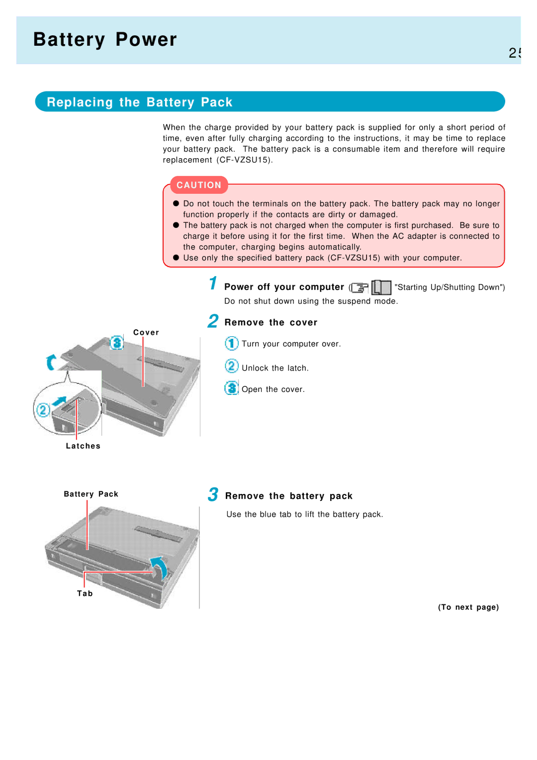 Panasonic CF-17, CF-M34 manual Replacing the Battery Pack, Remove the cover, Remove the battery pack 