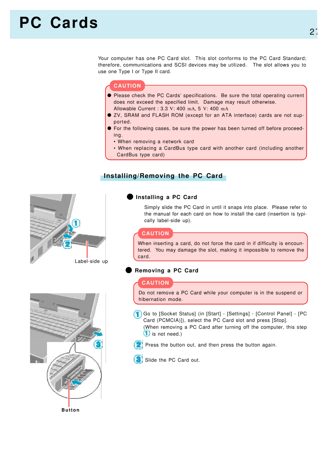 Panasonic CF-17, CF-M34 manual PC Cards, Installing/Removing the PC Card, Installing a PC Card, Removing a PC Card 