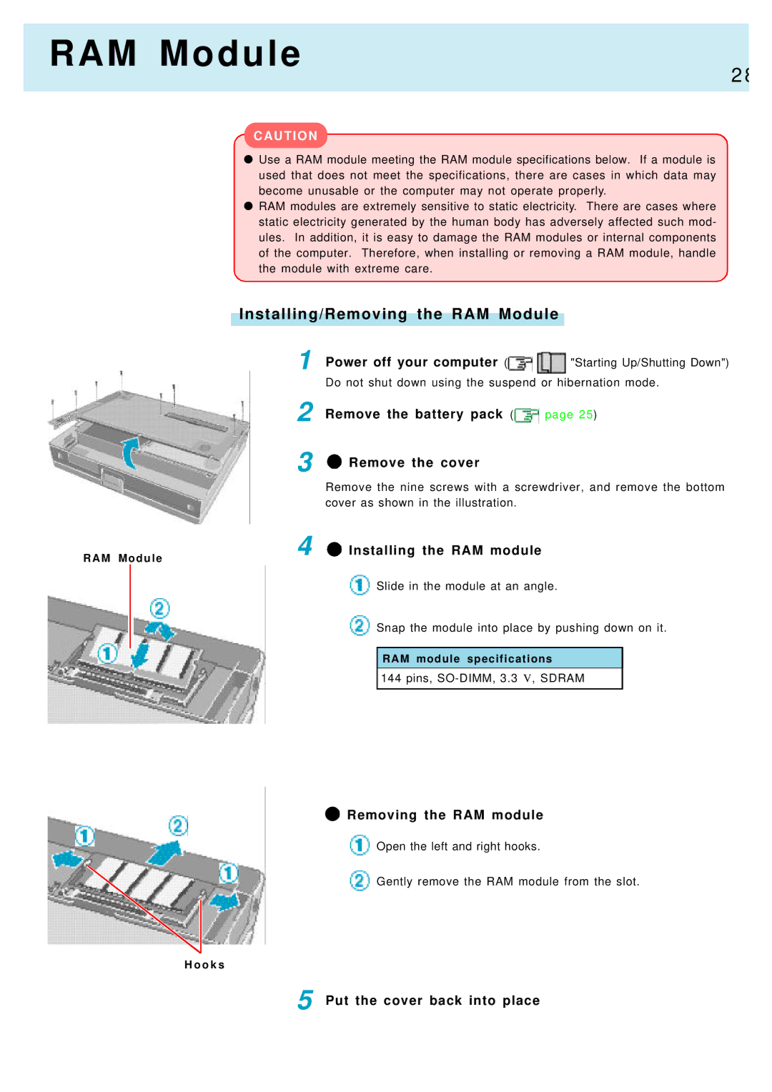 Panasonic CF-M34, CF-17 manual Installing/Removing the RAM Module 