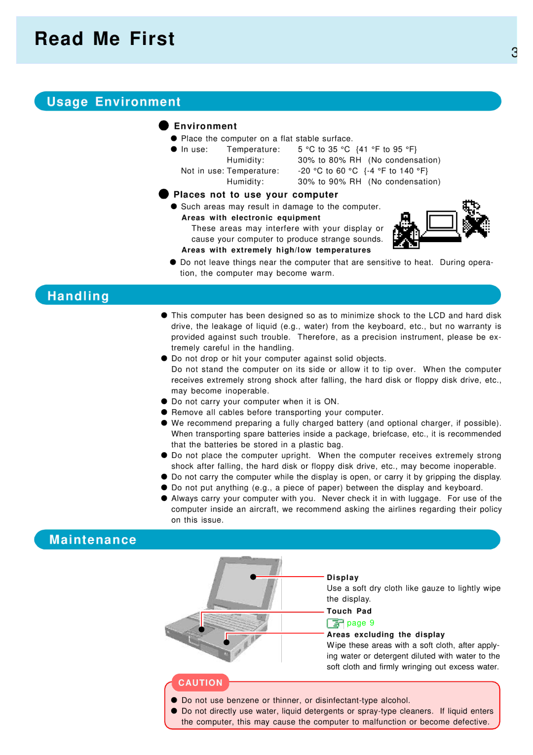 Panasonic CF-17, CF-M34 manual Read Me First, Usage Environment, Handling, Maintenance 