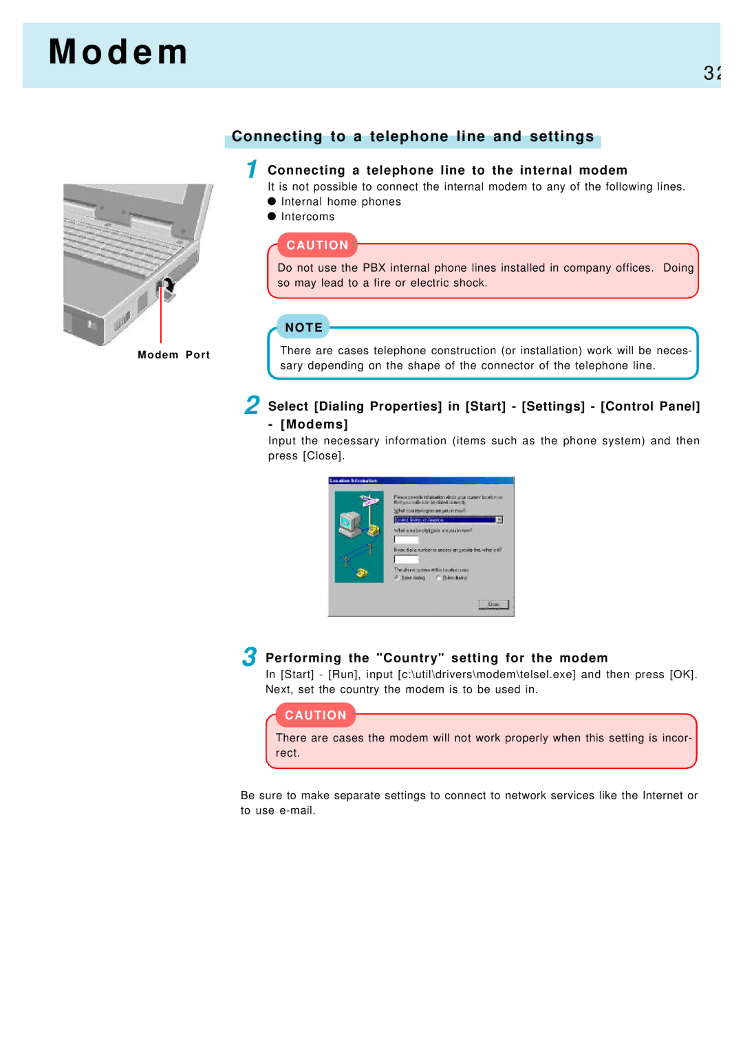 Panasonic CF-M34 D e m, Connecting to a telephone line and settings, Connecting a telephone line to the internal modem 