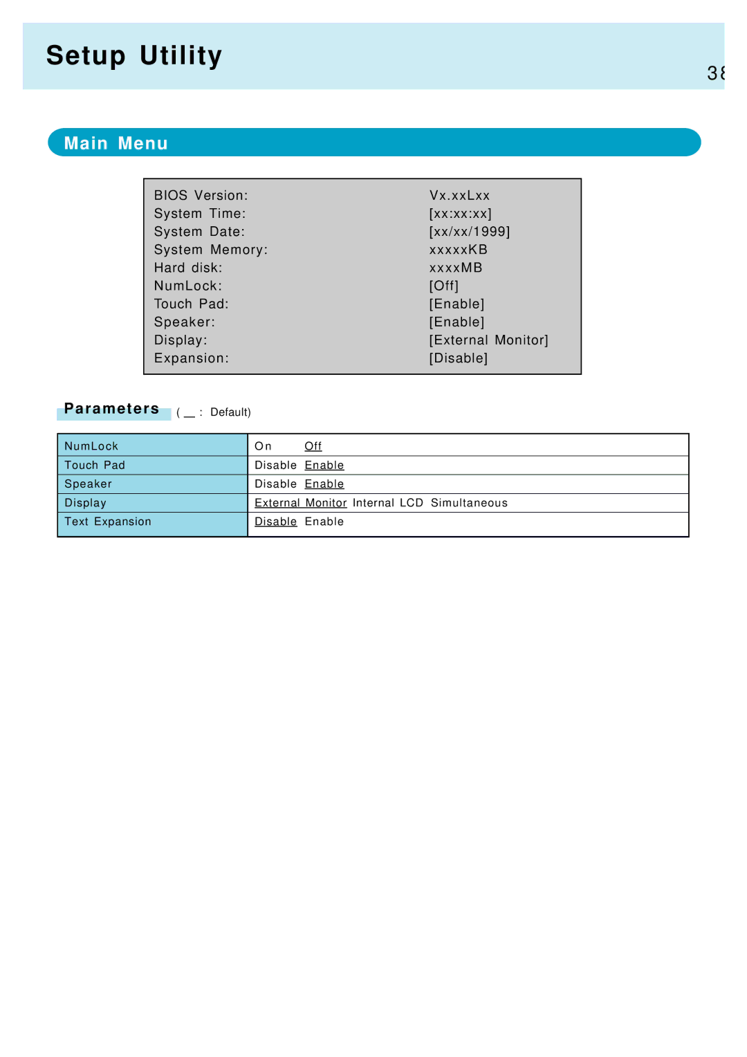 Panasonic CF-M34, CF-17 manual Setup Utility, Main Menu, R a m e t e r s 