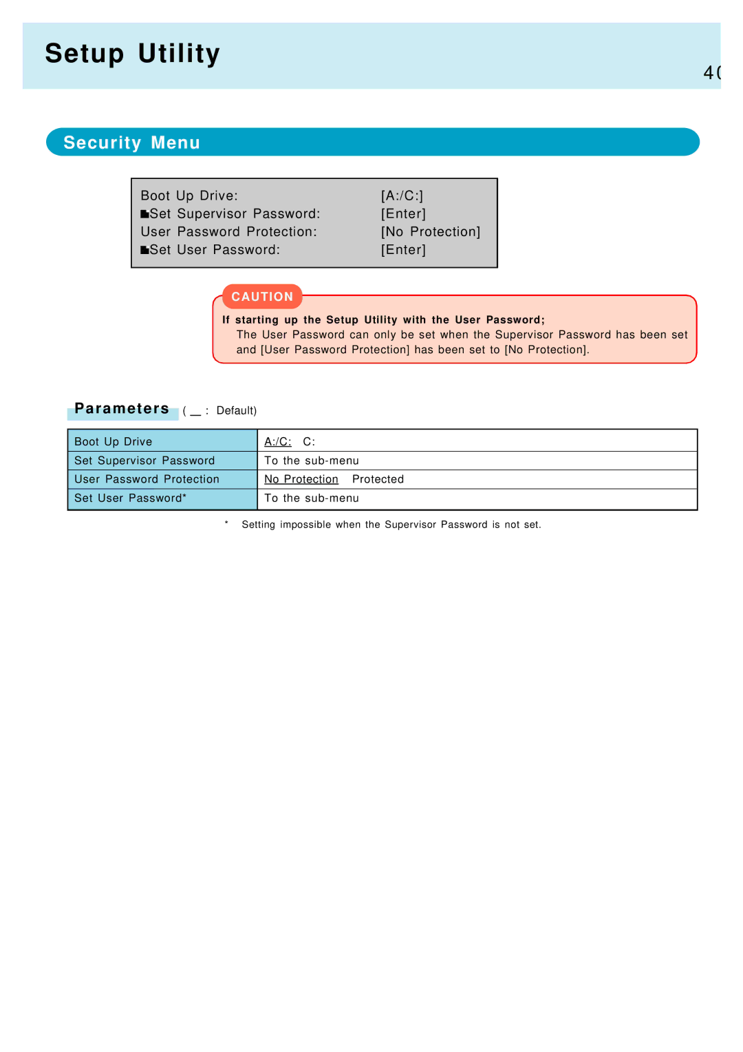 Panasonic CF-M34, CF-17 manual Security Menu 