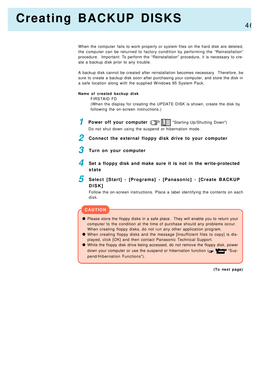 Panasonic CF-M34, CF-17 manual Creating Backup Disks, Connect the external floppy disk drive to your computer 