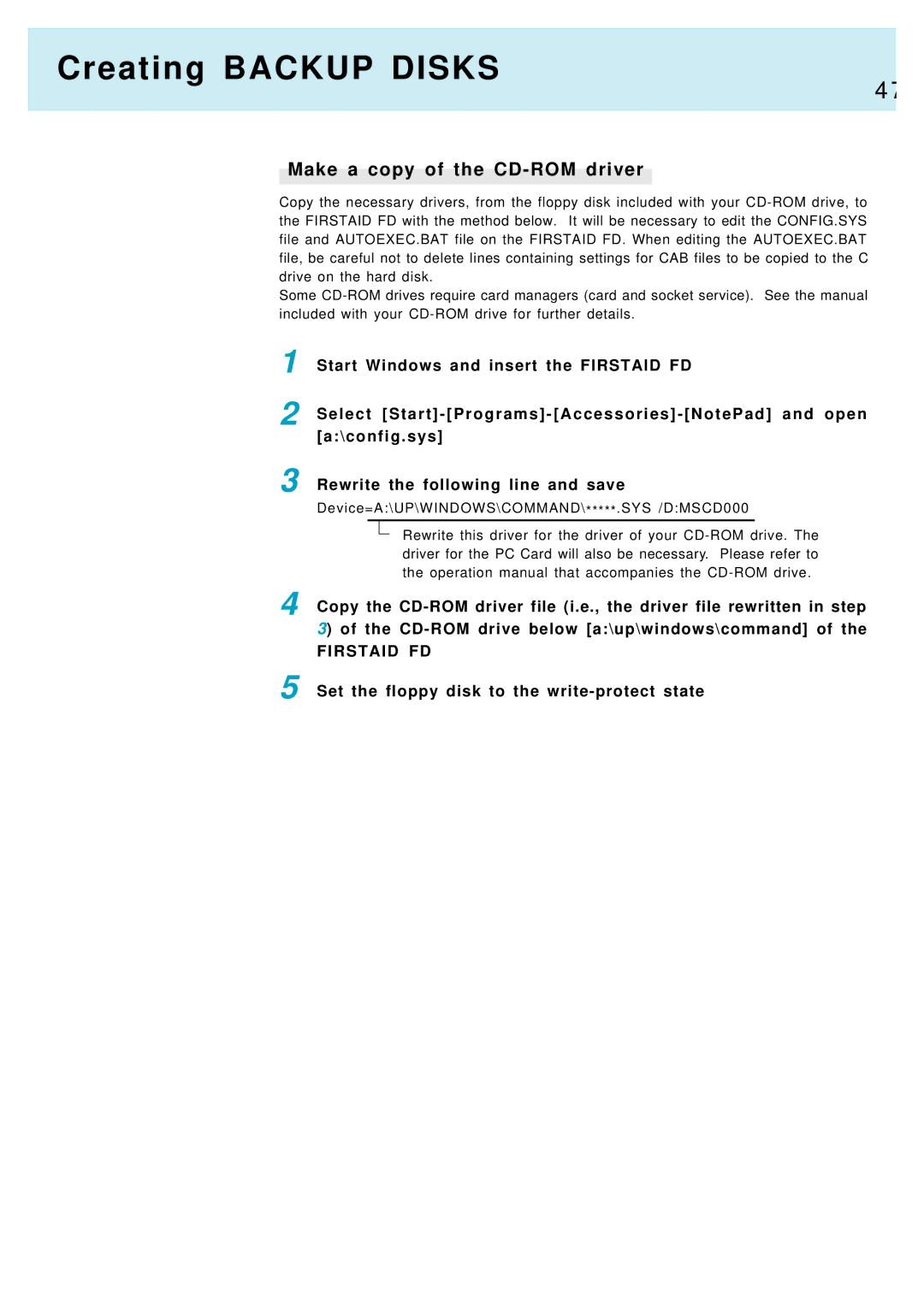 Panasonic CF-17 Creating Backup Disks, Make a copy of the CD-ROM driver, Set the floppy disk to the write-protect state 