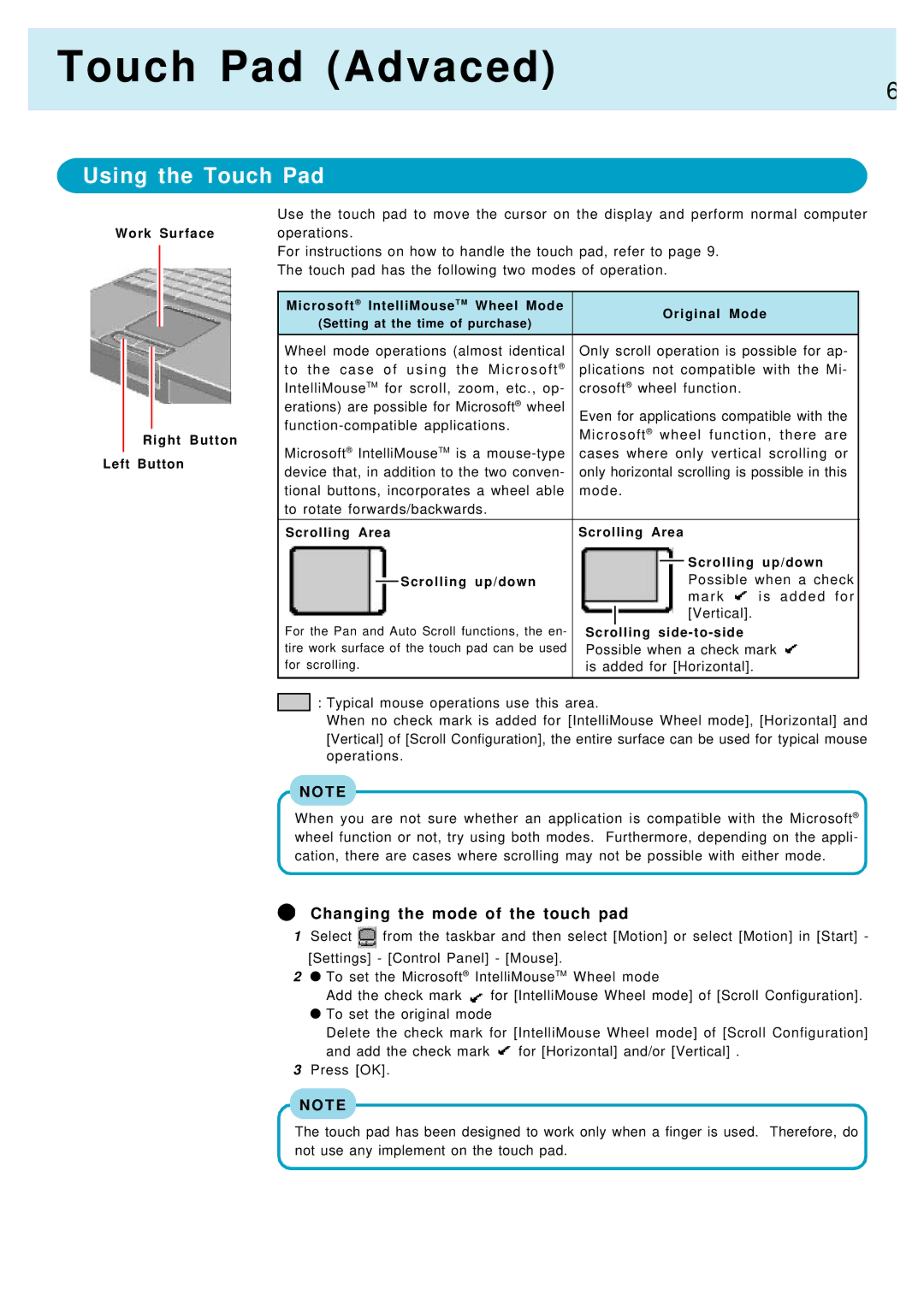 Panasonic CF-M34, CF-17 manual Touch Pad Advaced, Using the Touch Pad, Changing the mode of the touch pad 