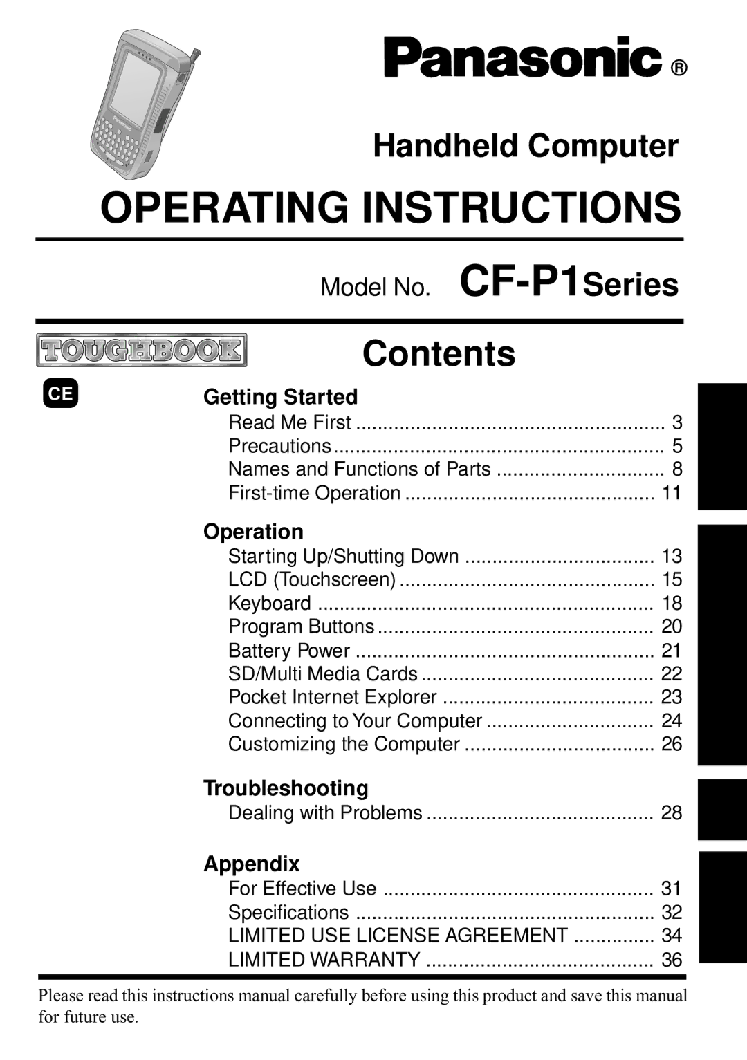 Panasonic CF-P1 operating instructions Operating Instructions 