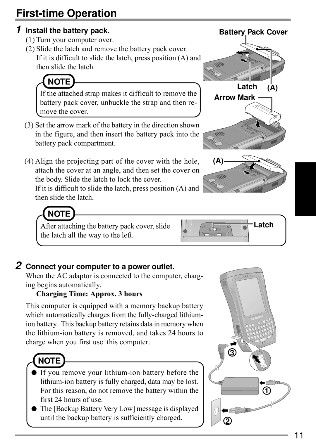 Panasonic CF-P1 First-time Operation, Install the battery pack, Battery Pack Cover Latch a Arrow Mark 