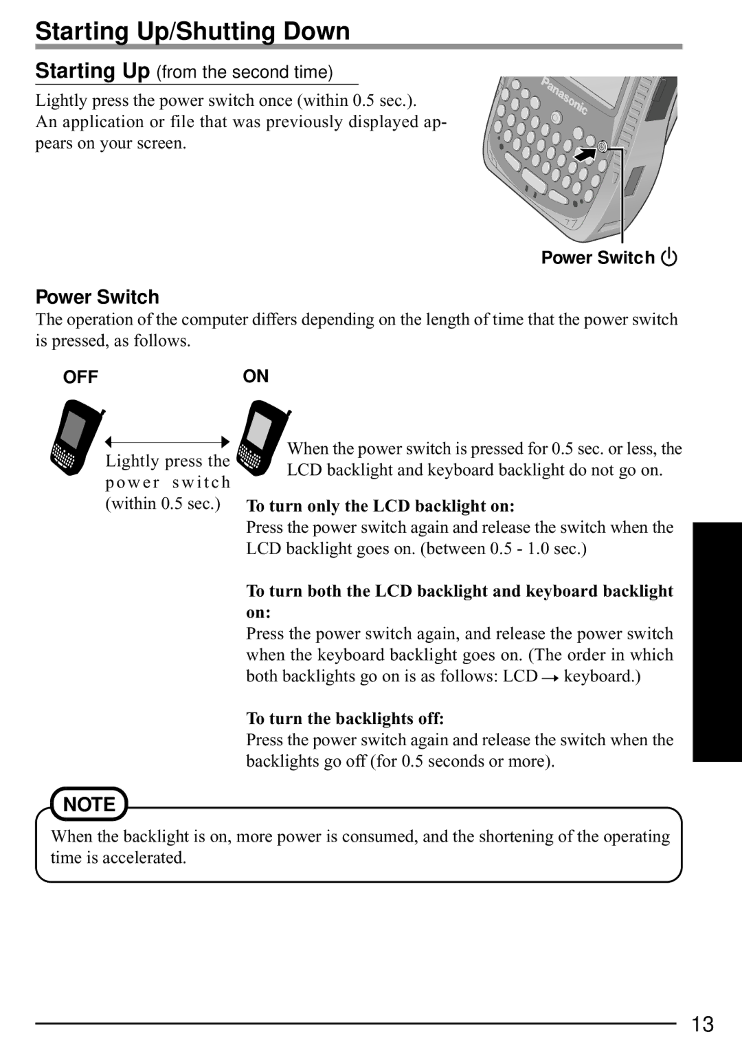 Panasonic CF-P1 Starting Up/Shutting Down, Power Switch, To turn only the LCD backlight on, To turn the backlights off 