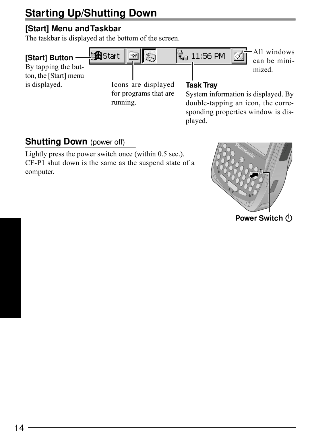 Panasonic CF-P1 operating instructions Shutting Down power off, Start Menu and Taskbar, Task Tray 