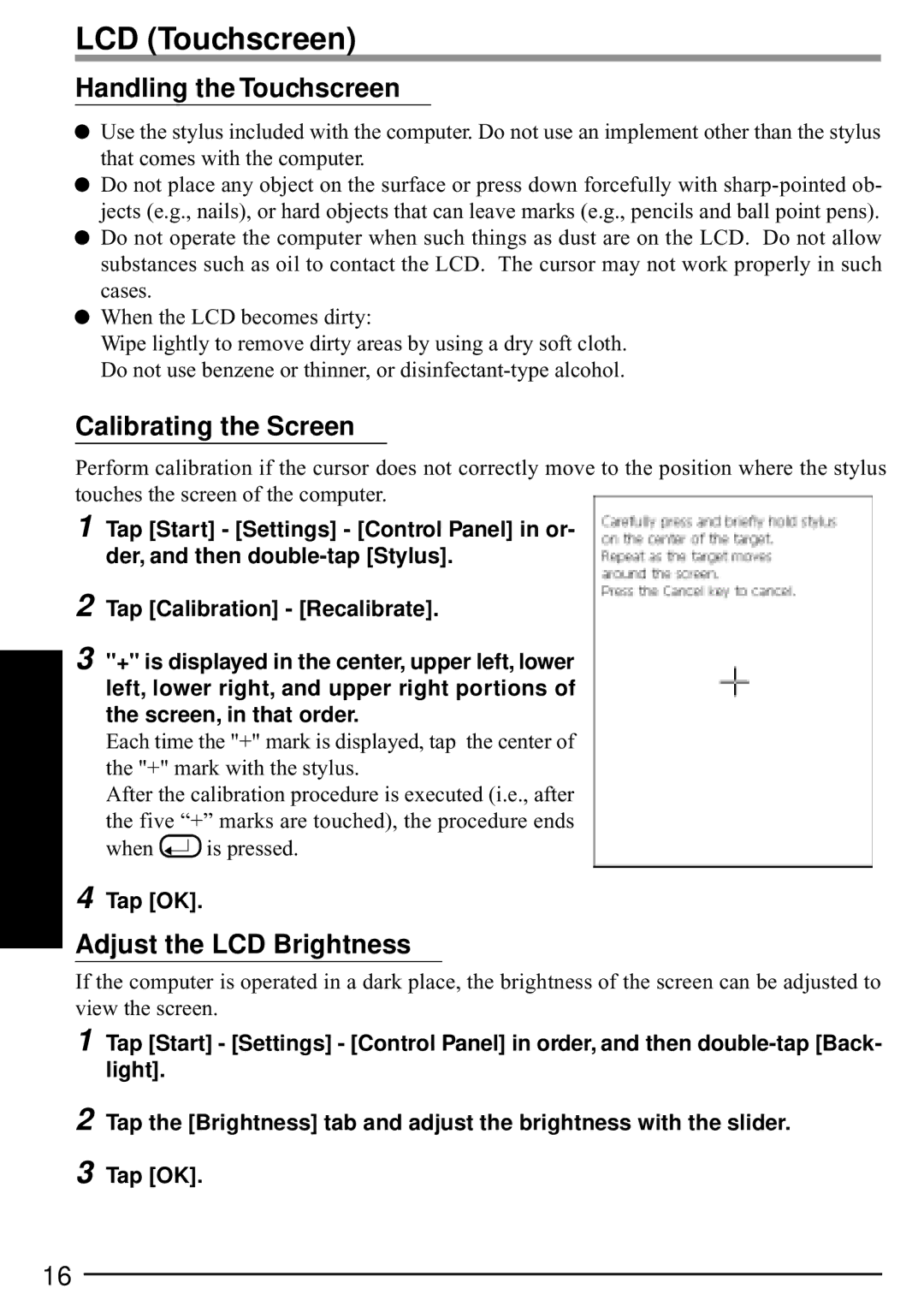 Panasonic CF-P1 operating instructions Handling the Touchscreen, Calibrating the Screen, Adjust the LCD Brightness, Tap OK 