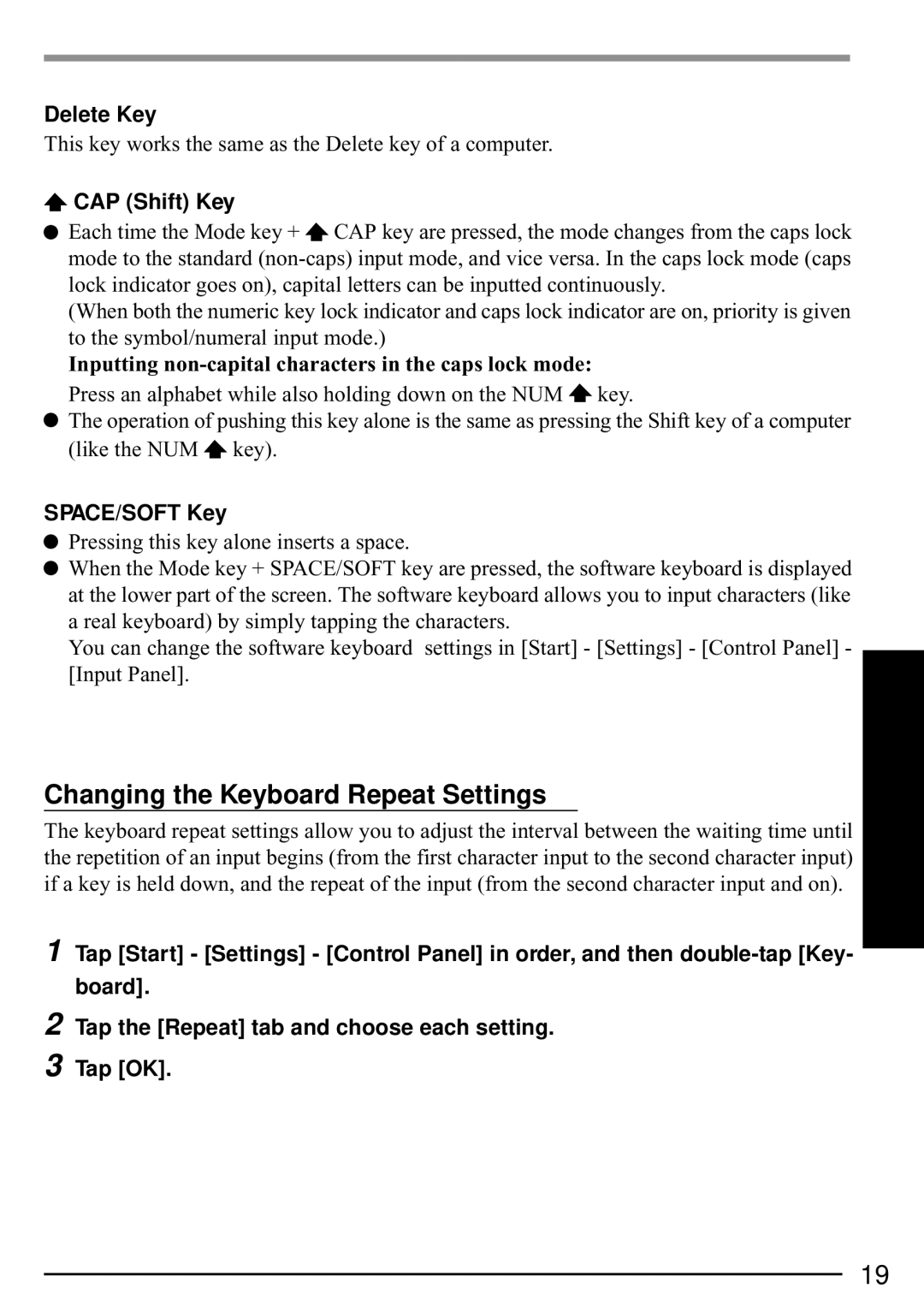 Panasonic CF-P1 Changing the Keyboard Repeat Settings, Inputting non-capital characters in the caps lock mode 