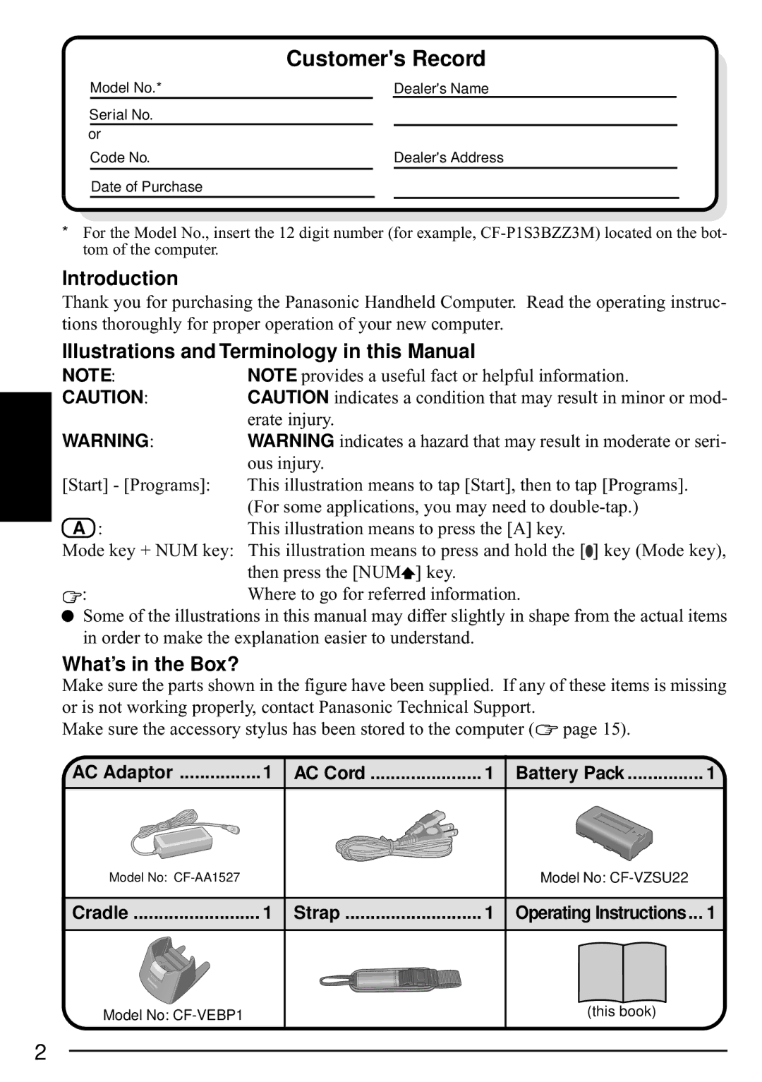 Panasonic CF-P1 Customers Record, Introduction, Illustrations and Terminology in this Manual, What’s in the Box? 