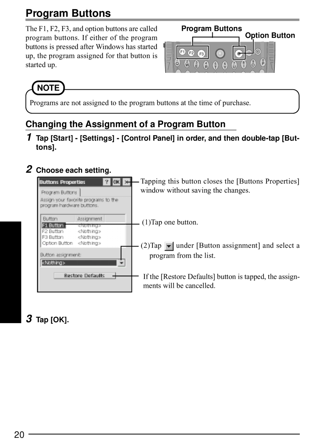 Panasonic CF-P1 operating instructions Changing the Assignment of a Program Button, Program Buttons Option Button 