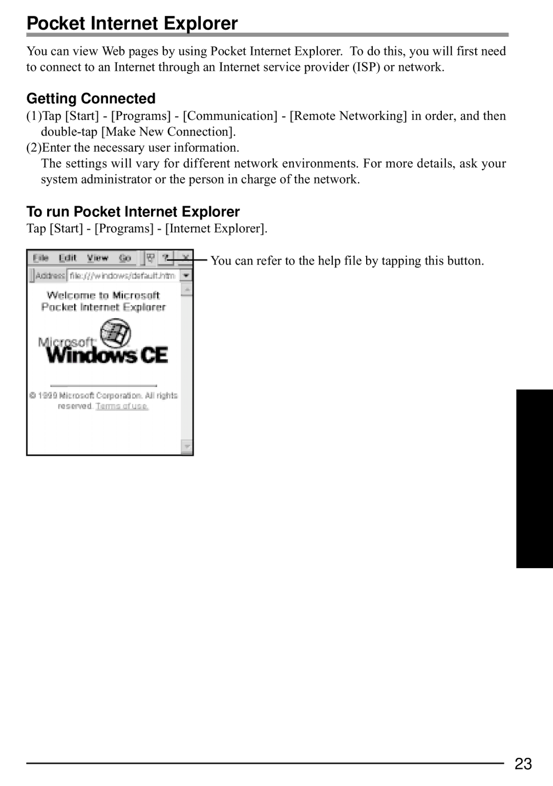 Panasonic CF-P1 operating instructions Getting Connected, To run Pocket Internet Explorer 