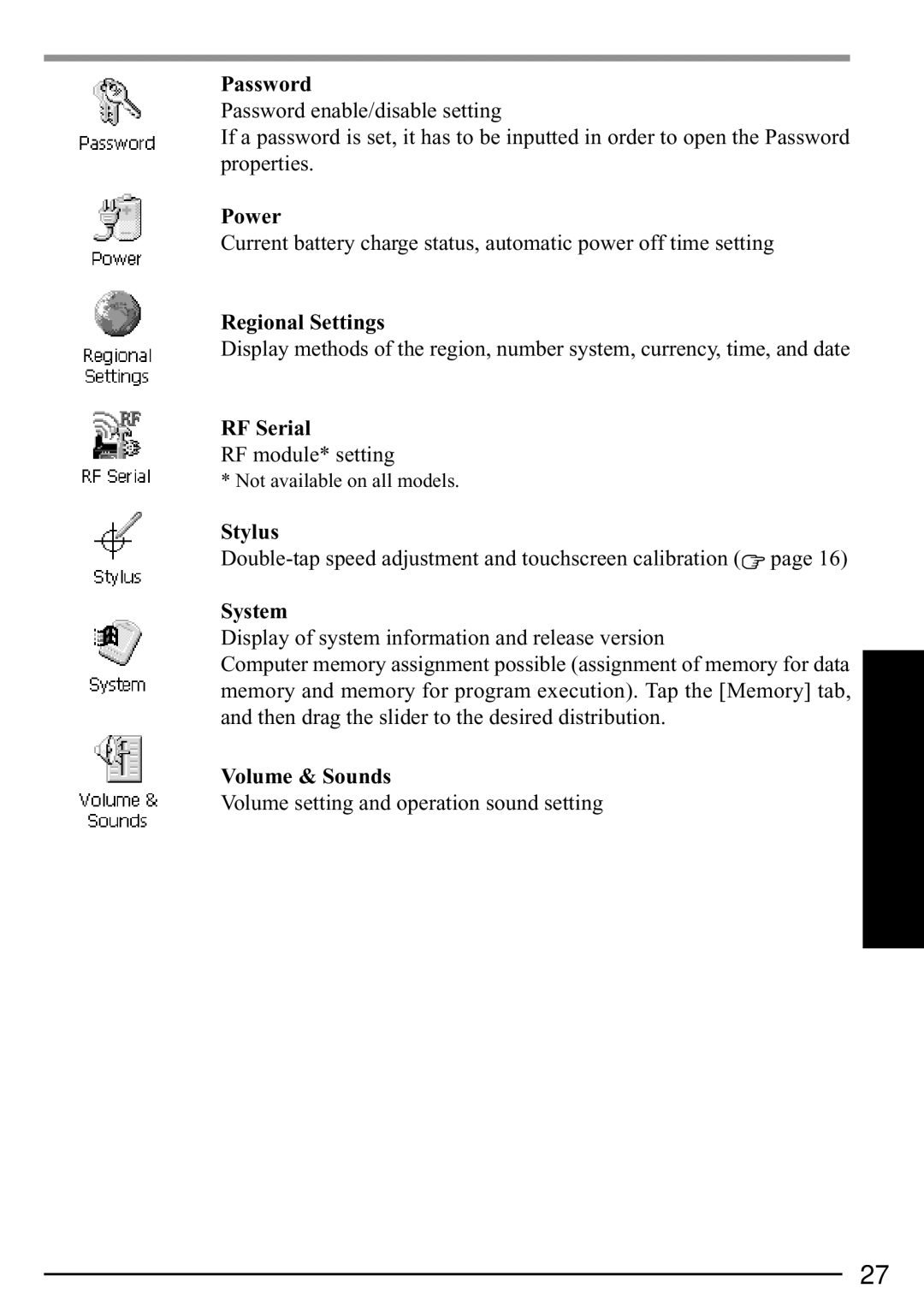 Panasonic CF-P1 operating instructions Password, Power, Regional Settings, RF Serial, Stylus, System, Volume & Sounds 