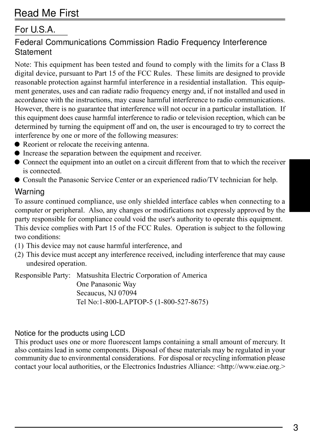 Panasonic CF-P1 operating instructions Read Me First, For U.S.A 