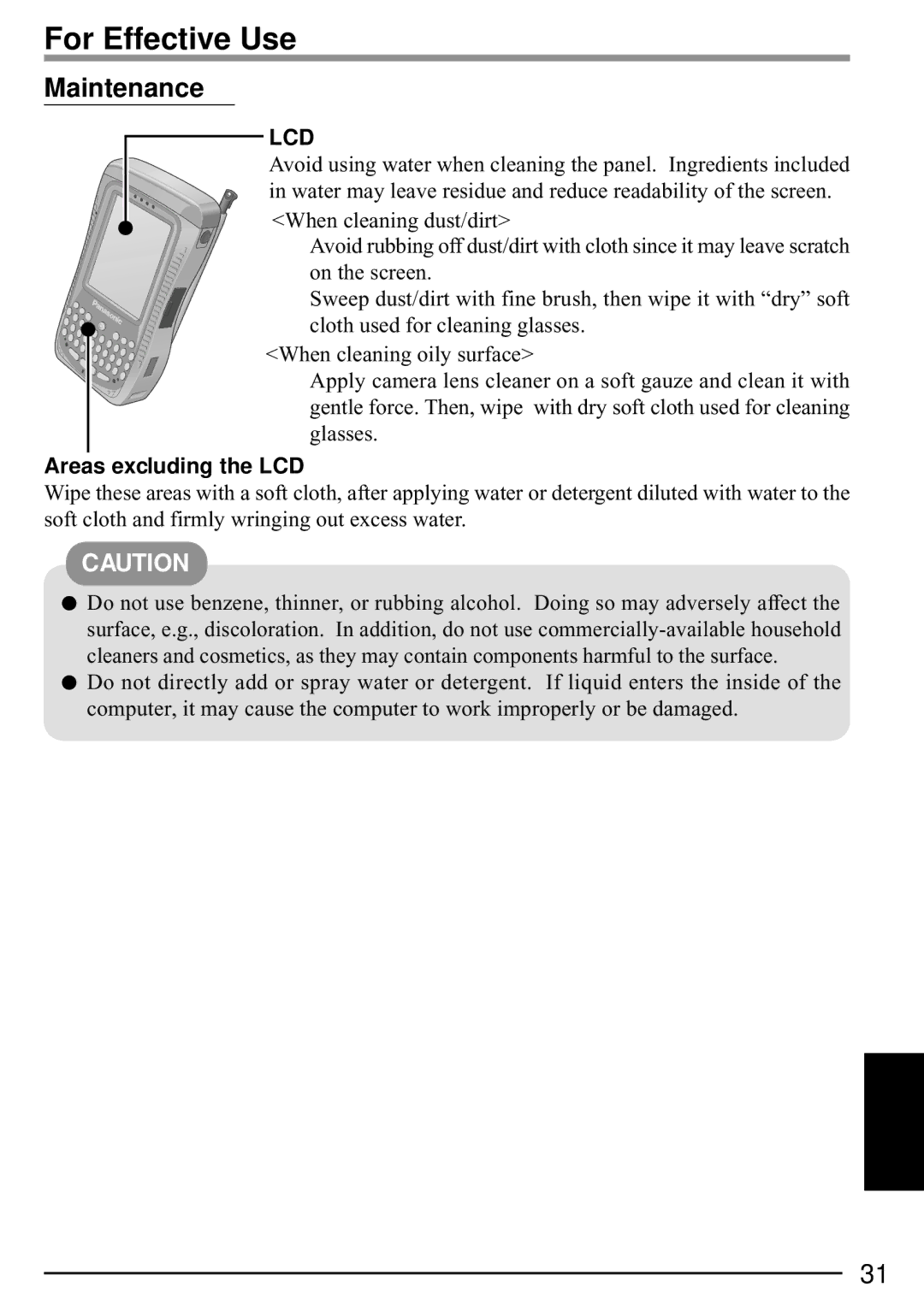 Panasonic CF-P1 operating instructions For Effective Use, Maintenance, Areas excluding the LCD 