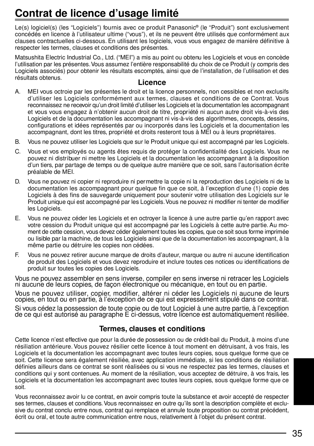 Panasonic CF-P1 operating instructions Contrat de licence d’usage limité, Licence, Termes, clauses et conditions 