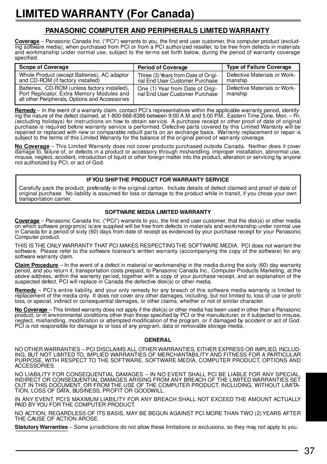 Panasonic CF-P1 operating instructions Limited Warranty For Canada, Panasonic Computer and Peripherals Limited Warranty 