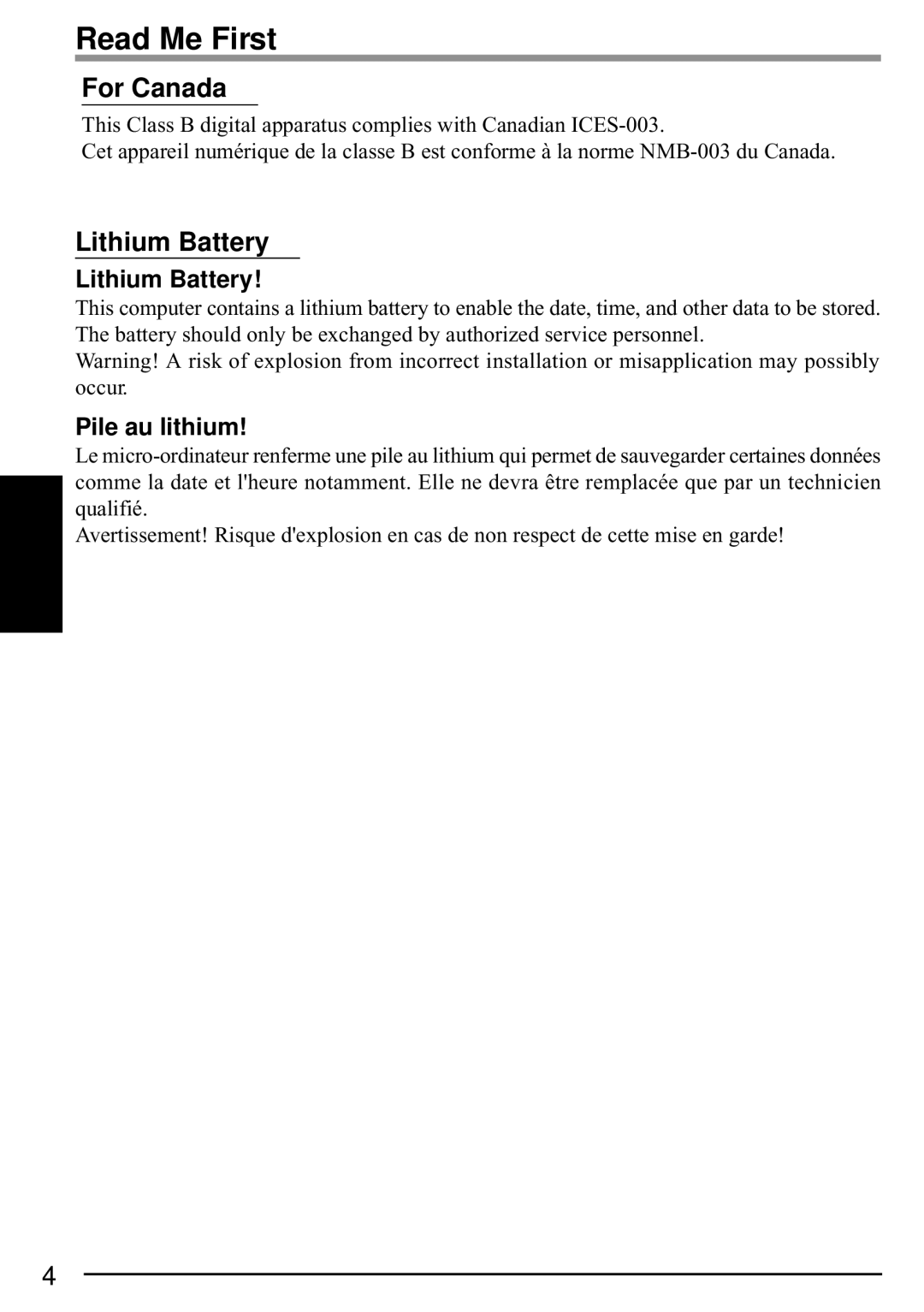 Panasonic CF-P1 operating instructions For Canada, Lithium Battery, Pile au lithium 