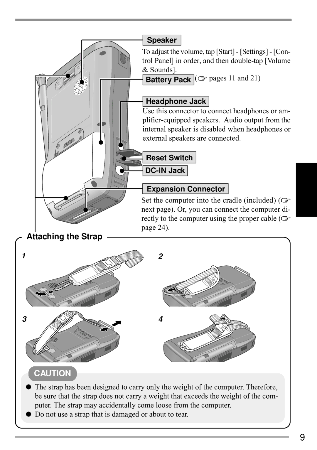 Panasonic CF-P1 Attaching the Strap, Speaker, Headphone Jack, Reset Switch DC-IN Jack Expansion Connector 