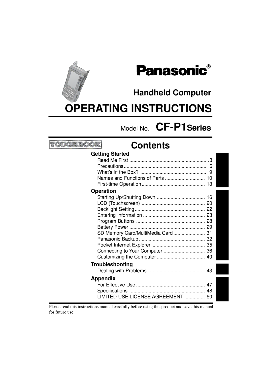 Panasonic CF-P1Series operating instructions Operating Instructions 