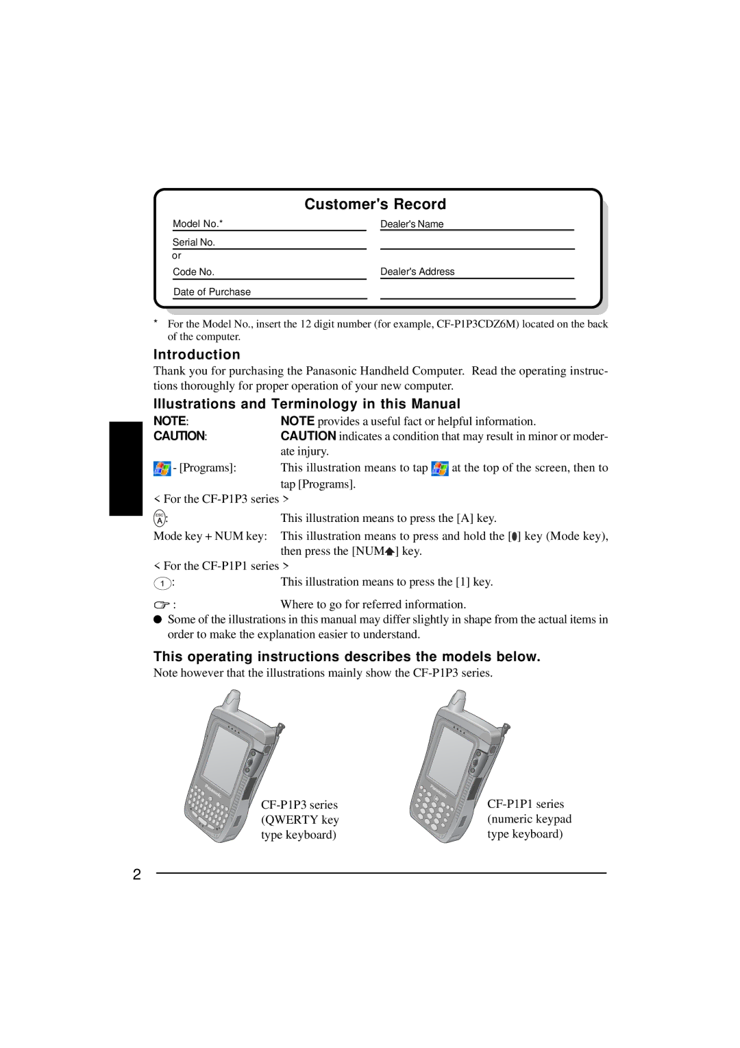 Panasonic CF-P1Series operating instructions Customers Record, Introduction, Illustrations and Terminology in this Manual 