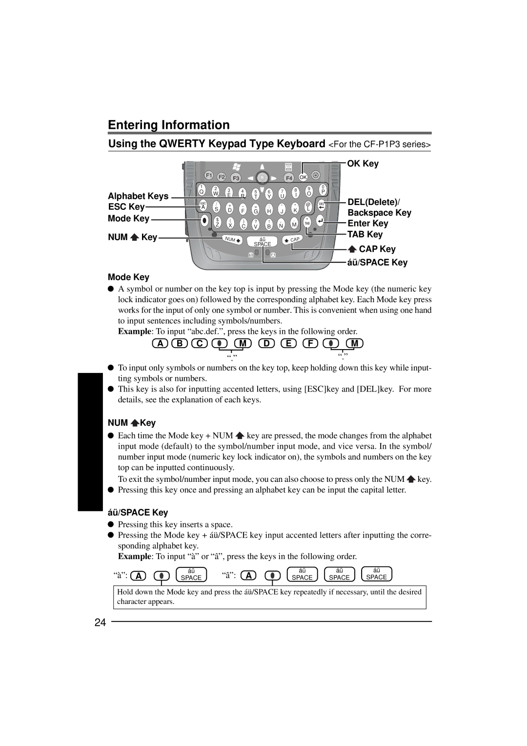 Panasonic CF-P1Series operating instructions OK Key Alphabet Keys ESC Key Mode Key NUM Key, Áü/SPACE Key 