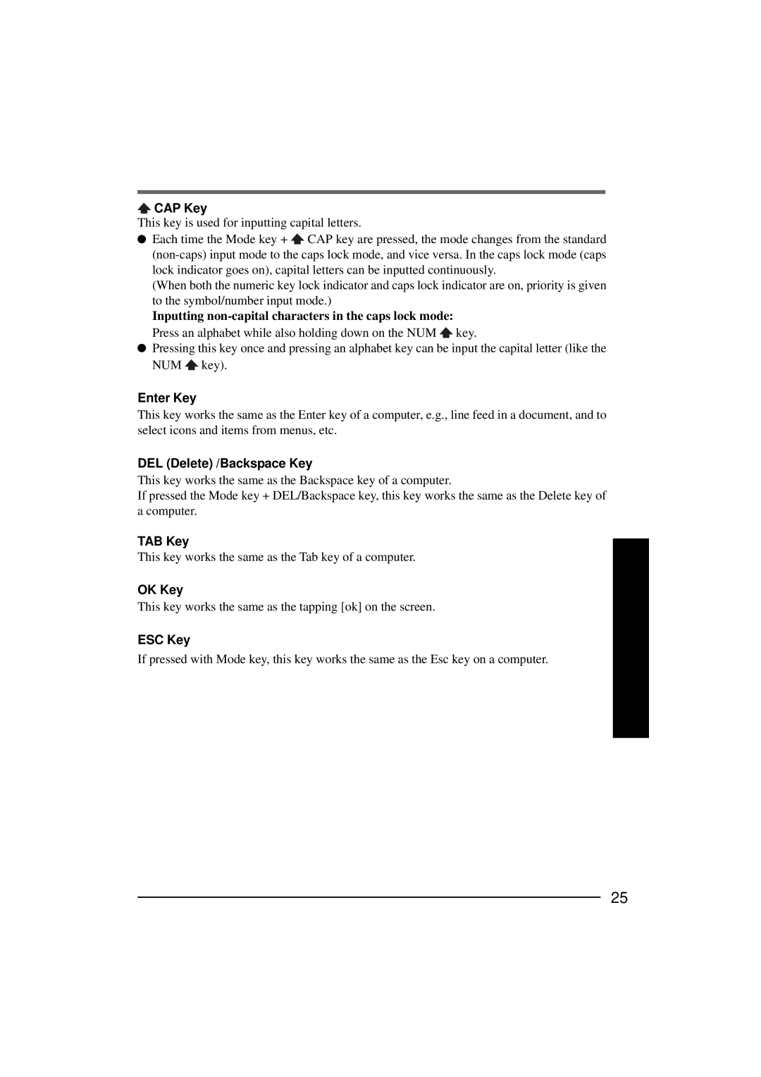 Panasonic CF-P1Series operating instructions CAP Key, Enter Key, DEL Delete /Backspace Key, TAB Key, OK Key 