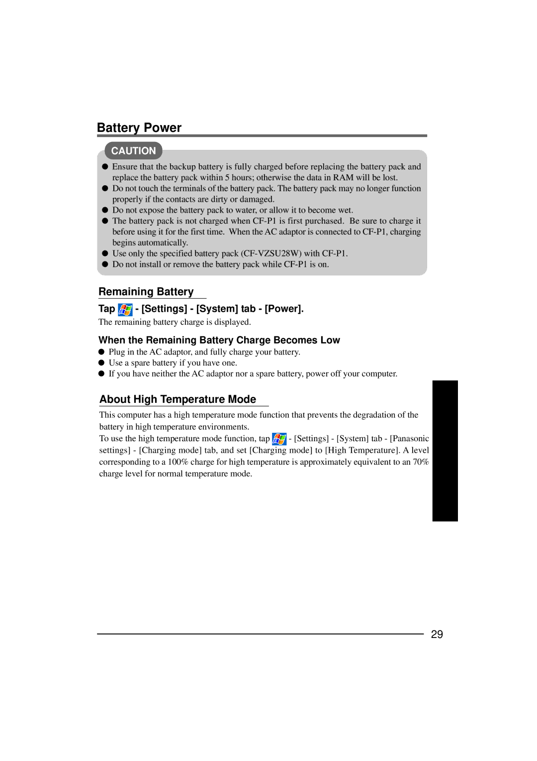 Panasonic CF-P1Series Battery Power, Remaining Battery, About High Temperature Mode, Tap Settings System tab Power 