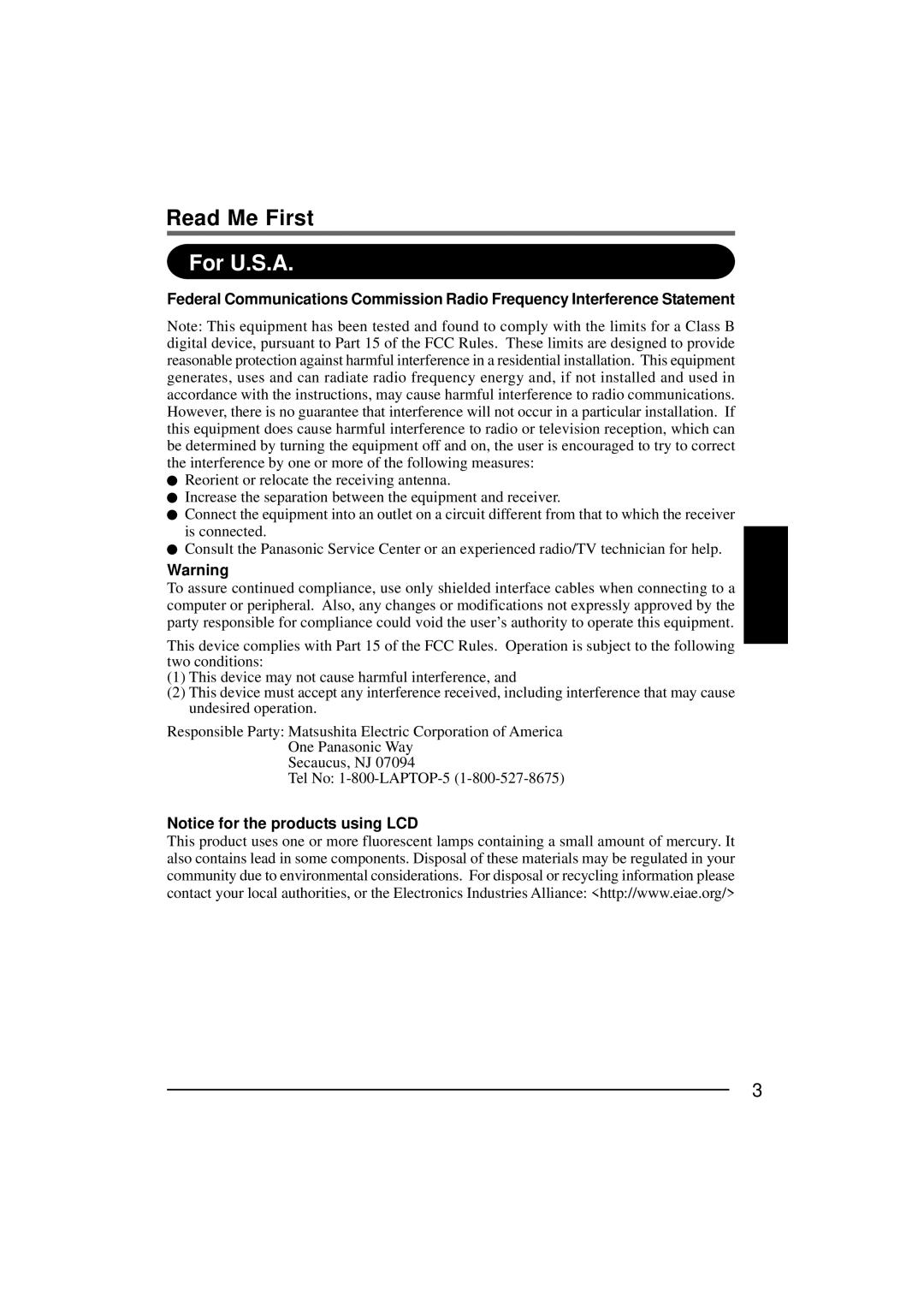 Panasonic CF-P1Series operating instructions Read Me First, For U.S.A 