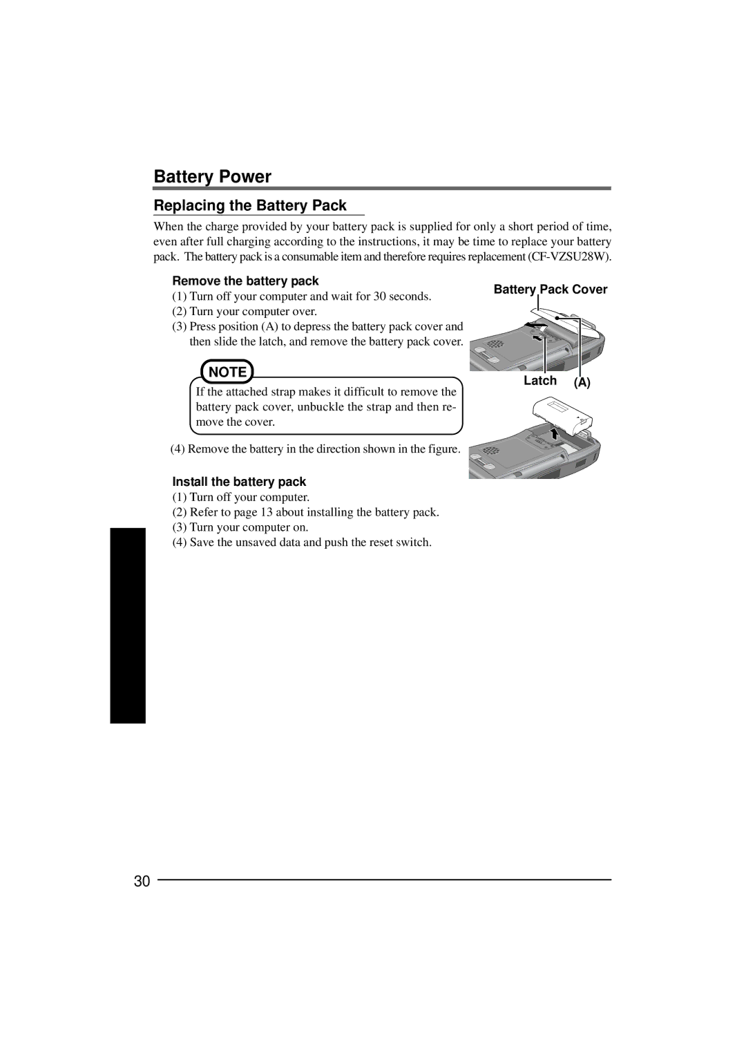 Panasonic CF-P1Series operating instructions Replacing the Battery Pack, Remove the battery pack, Battery Pack Cover Latch 