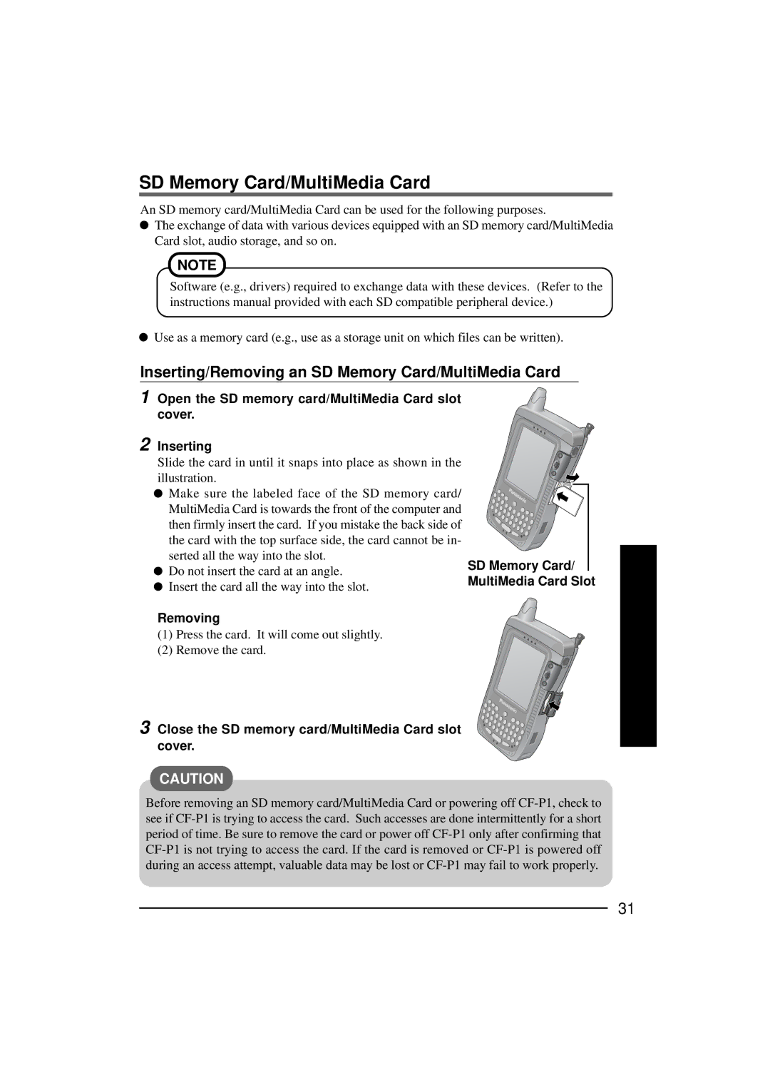 Panasonic CF-P1Series operating instructions Inserting/Removing an SD Memory Card/MultiMedia Card 