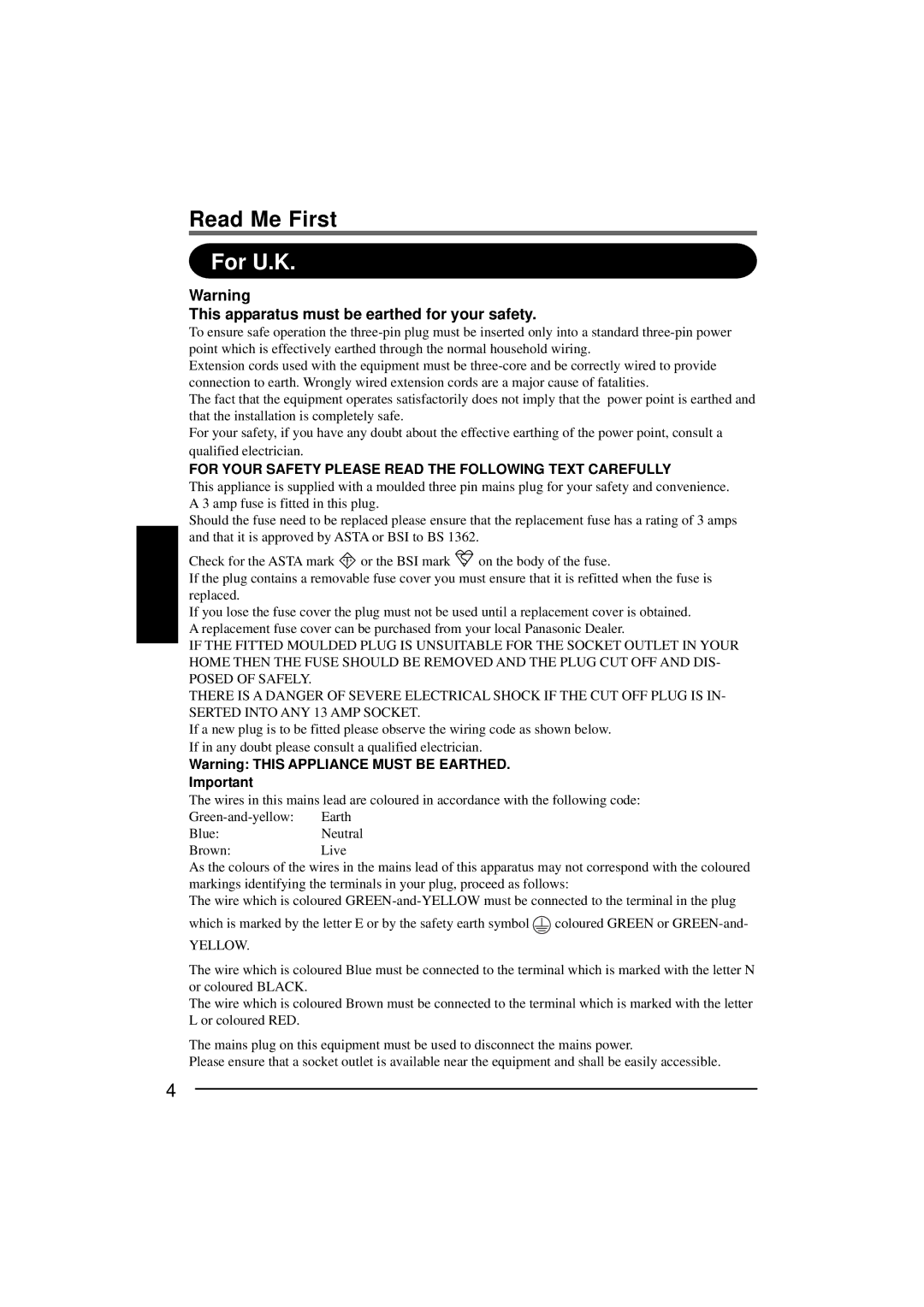 Panasonic CF-P1Series operating instructions For U.K, This apparatus must be earthed for your safety 