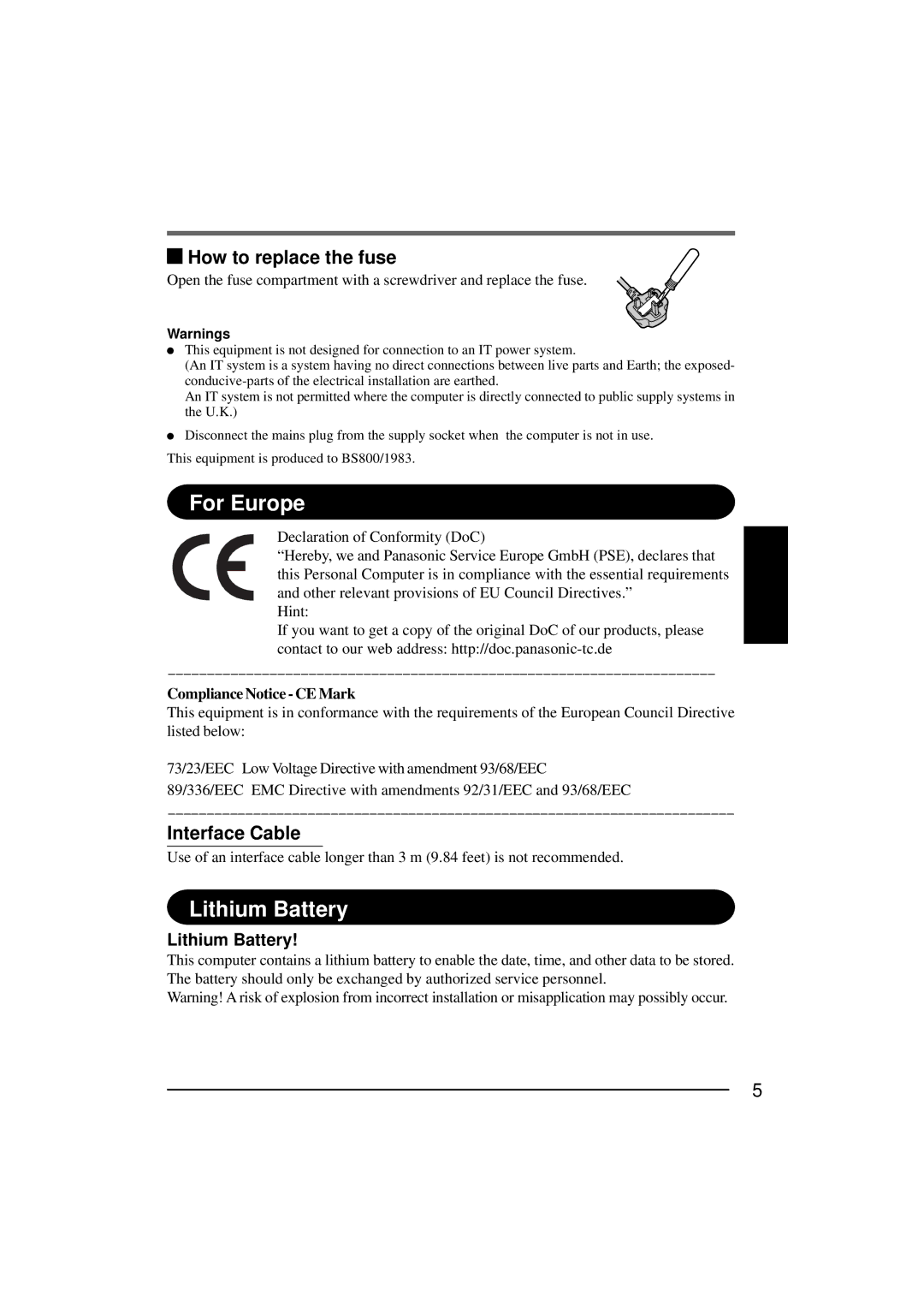 Panasonic CF-P1Series How to replace the fuse, Interface Cable, Lithium Battery, Compliance Notice CE Mark 