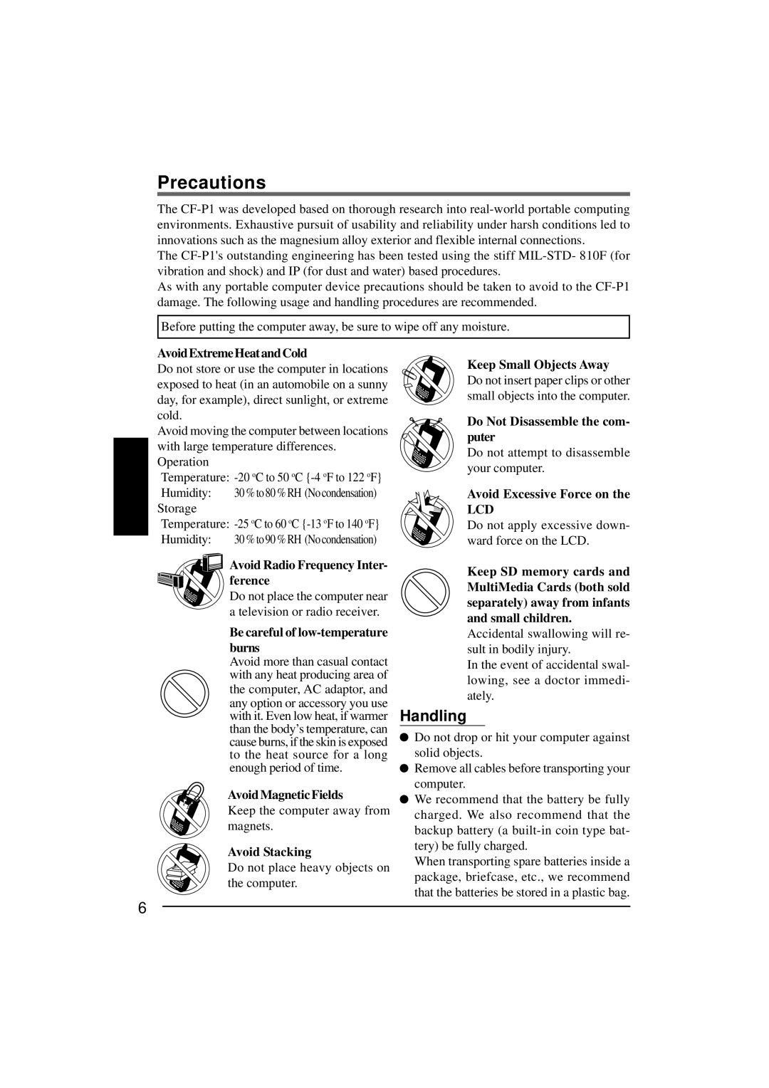 Panasonic CF-P1Series operating instructions Precautions, Handling 