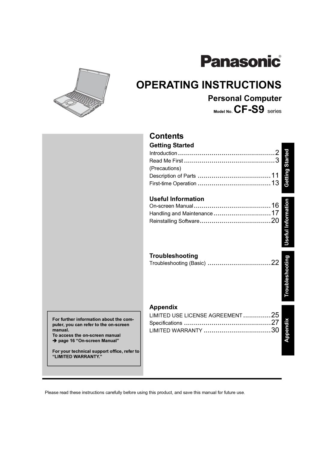 Panasonic CF-S9 manual Personal Computer, Contents 