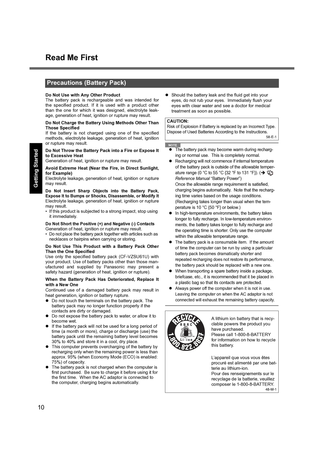 Panasonic CF-S9 manual Precautions Battery Pack, Do Not Use with Any Other Product 