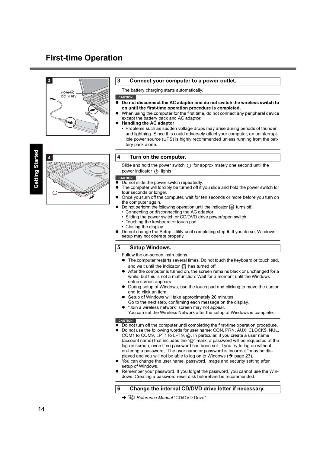 Panasonic CF-S9 First-time Operation, GettingStarted Useful Information Appendix Troubleshooting, Handling the AC adaptor 