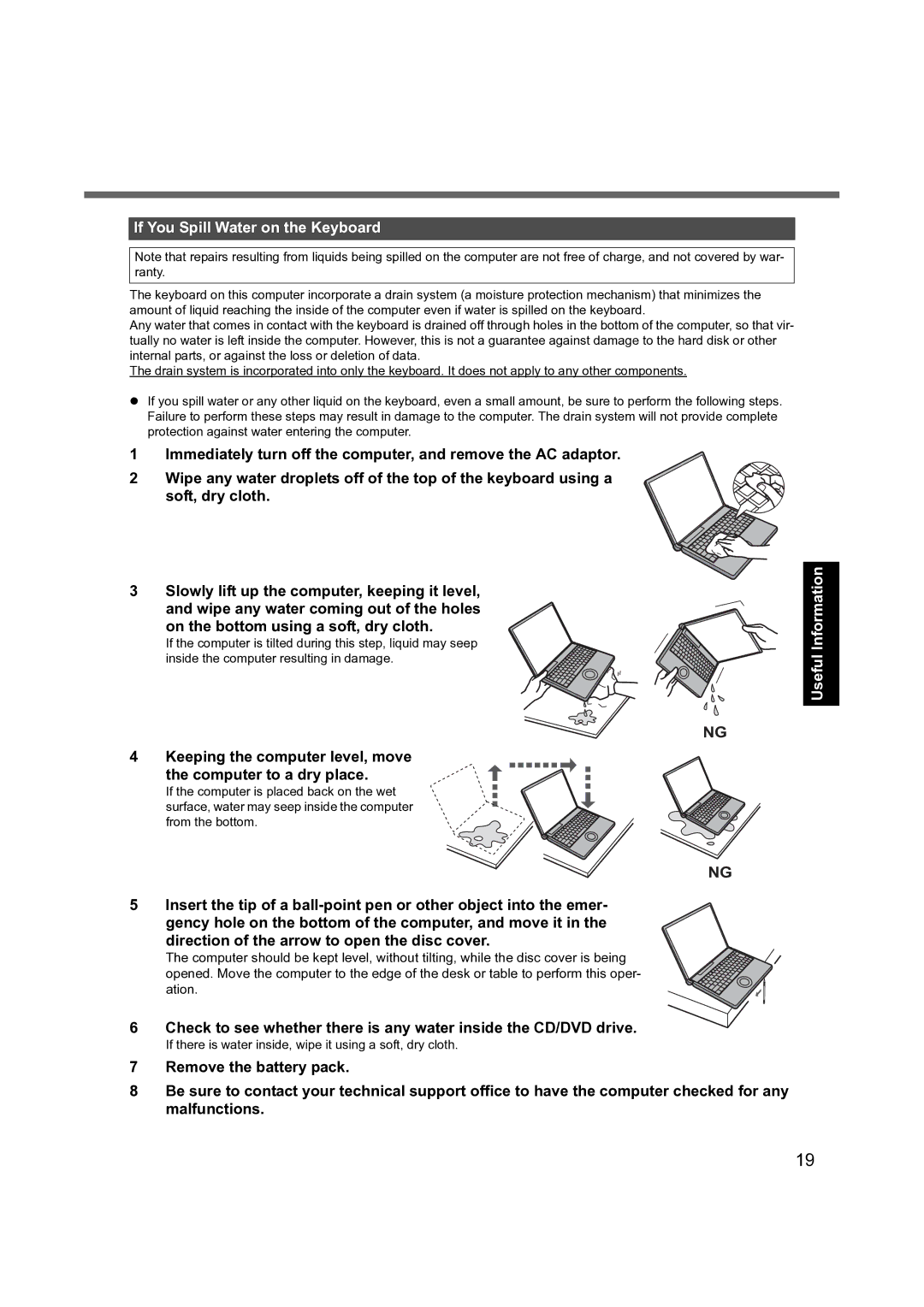 Panasonic CF-S9 manual If You Spill Water on the Keyboard, Troubleshooting Useful Information 