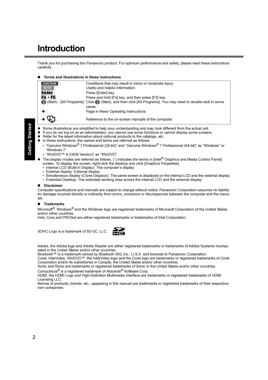 Panasonic CF-S9 Introduction, Appendix Troubleshooting Useful Information Getting Started, „ Disclaimer, „ Trademarks 