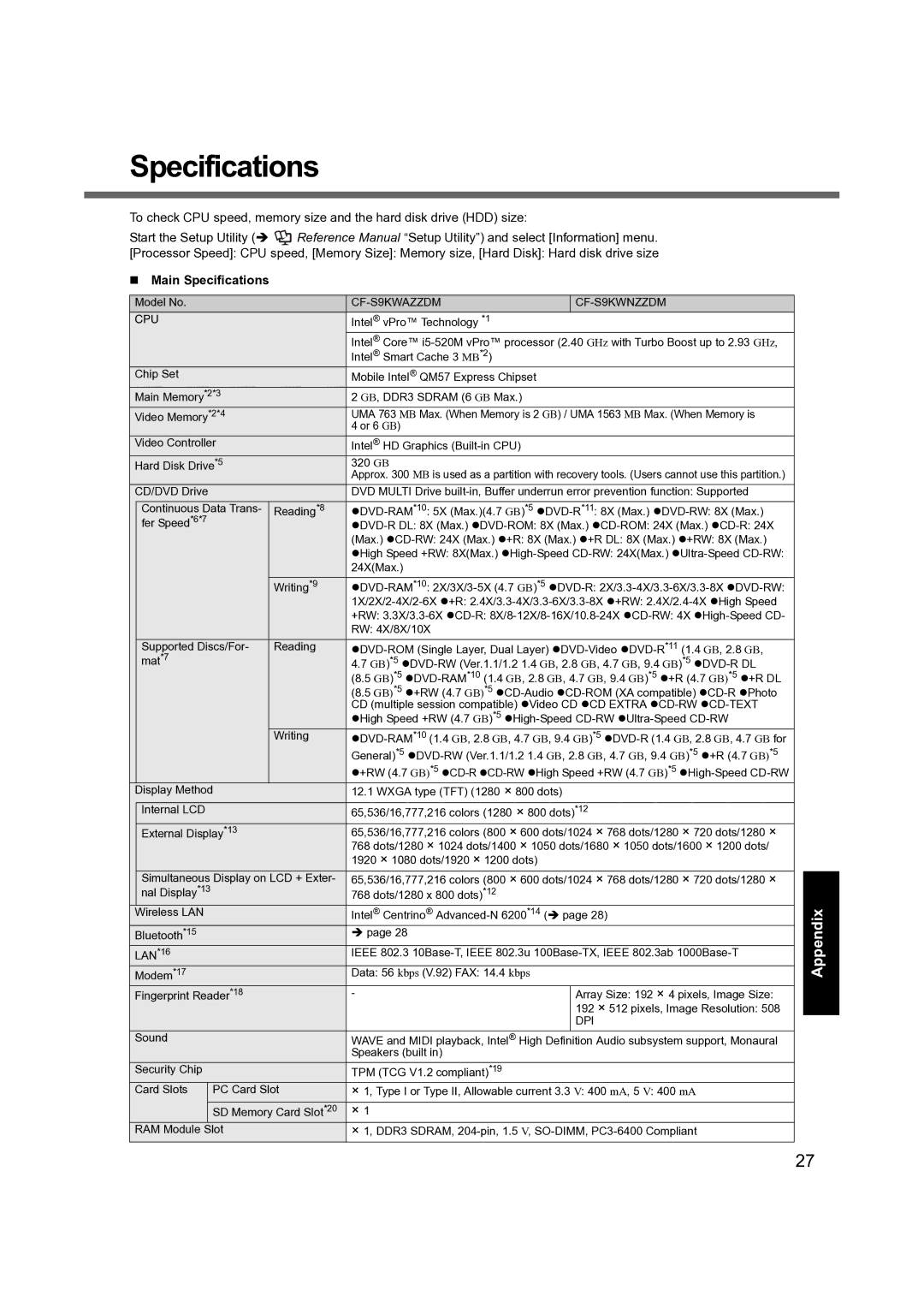 Panasonic CF-S9 manual „ Main Specifications 