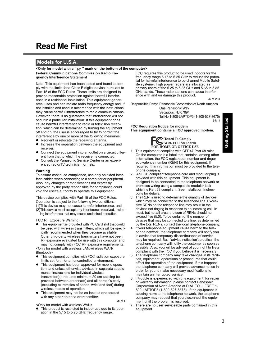 Panasonic CF-S9 manual Read Me First, Models for U.S.A, Quency Interference Statement, FCC Regulation Notice for modem 